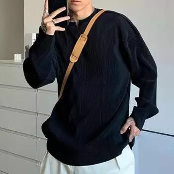 Мужская однотонная футболка на весну и осень с v-образным вырезом и длинными рукавами, пуловер в рубчатую полоску, топы, рубашка свободного покроя, уличная одежда XL чёрный