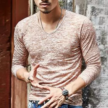 Мужская однотонная футболка с длинным рукавом и v-образным вырезом, тонкая блузка XXL кофейный