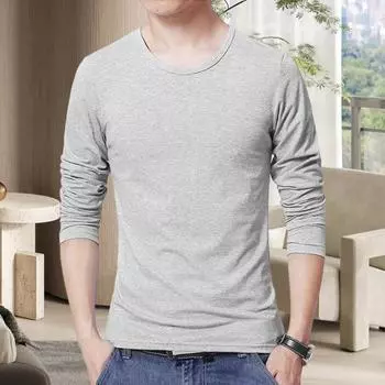 Мужская однотонная футболка с длинным рукавом и круглым вырезом для повседневной носки, легкая футболка средней длины из повседневного спортивного материала M серый