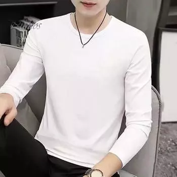 Мужская однотонная футболка с длинным рукавом и круглым вырезом для повседневной носки, легкая футболка средней длины из повседневного спортивного материала M синий