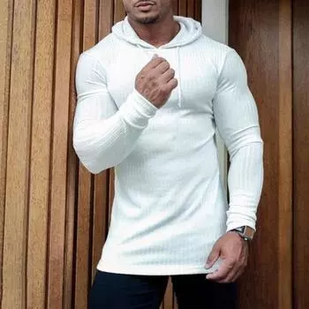 Мужская однотонная футболка с капюшоном и завязками на шнурке с длинным рукавом, облегающий пуловер, топы для спортзала, тренировочный трикотаж XL белый
