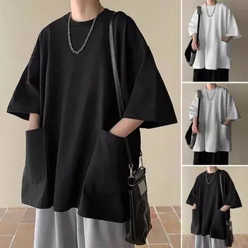 Мужская однотонная футболка с карманами, свободный крой, однотонный топ, рукава до локтя, для активного отдыха XXXXXL белый