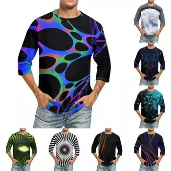 Мужская однотонная футболка с круглым вырезом и рукавами три четверти