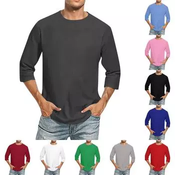Мужская однотонная футболка с круглым вырезом и рукавами три четверти