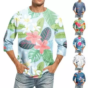 Мужская однотонная футболка с круглым вырезом и рукавами три четверти L синий