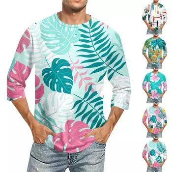 Мужская однотонная футболка с круглым вырезом и рукавами три четверти