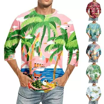 Мужская однотонная футболка с круглым вырезом и рукавами три четверти