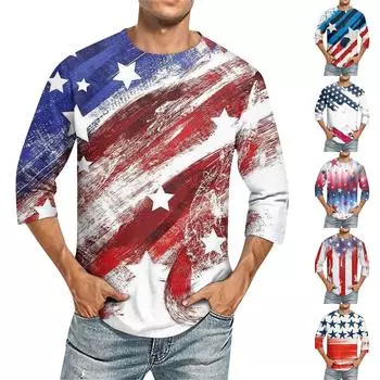 Мужская однотонная футболка с круглым вырезом и рукавами три четверти