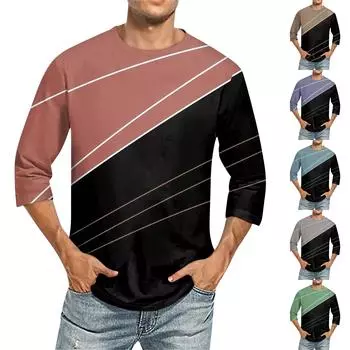 Мужская однотонная футболка с круглым вырезом и рукавами три четверти