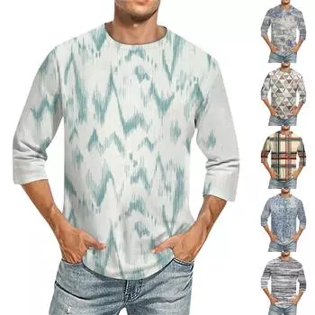 Мужская однотонная футболка с круглым вырезом и рукавами три четверти