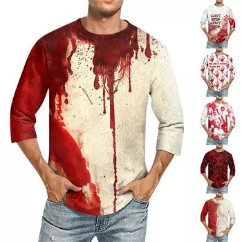 Мужская однотонная футболка с круглым вырезом и рукавами три четверти