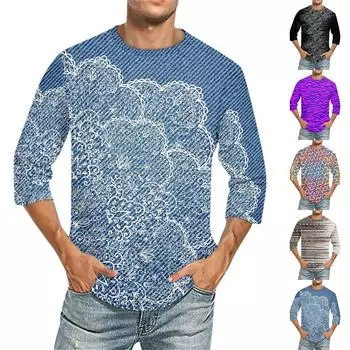 Мужская однотонная футболка с круглым вырезом и рукавами три четверти L синий