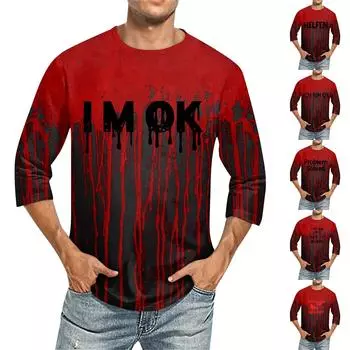 Мужская однотонная футболка с круглым вырезом и рукавами три четверти L винный