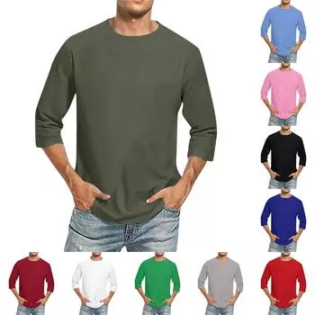 Мужская однотонная футболка с круглым вырезом и рукавами три четверти S чёрный