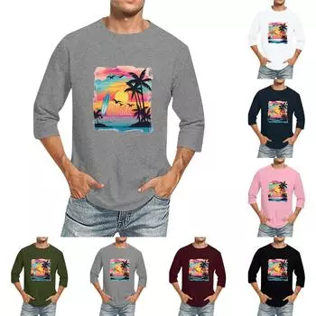 Мужская однотонная футболка с круглым вырезом и рукавами три четверти XXL винный