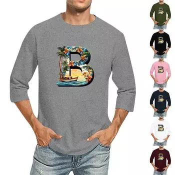 Мужская однотонная футболка с круглым вырезом и рукавами три четверти XL тёмно-синий