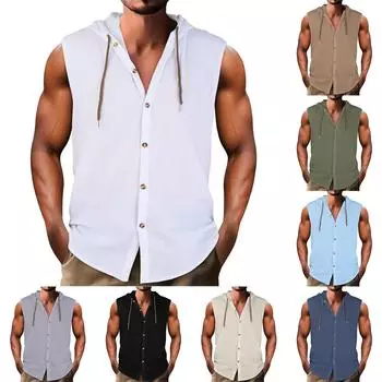 Мужская однотонная хлопковая льняная толстовка без рукавов с пуговицами Мужская повседневная толстовка с капюшоном на пуговицах M