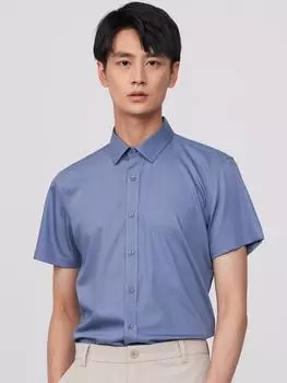 Мужская однотонная классическая рубашка стандартного кроя премиум-класса с короткими рукавами — удобная, слегка эластичная, легкая в уходе, летний стиль для деловых и официальных мероприятий 39 сине серый