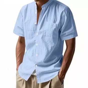 Мужская однотонная классическая свободная льняная рубашка Carburean с воротником-стойкой и короткими рукавами в спортивном стиле S
