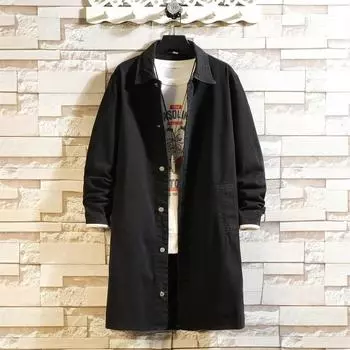 Мужская однотонная куртка для поездок на работу в стиле «темперамент» на весну и осень, джинсовый тренч длиной до колена 5XL чёрный