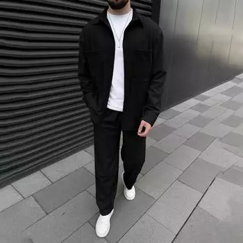 Мужская однотонная куртка на пуговицах с двойным карманом, с длинным рукавом, повседневные брюки, костюм-двойка L