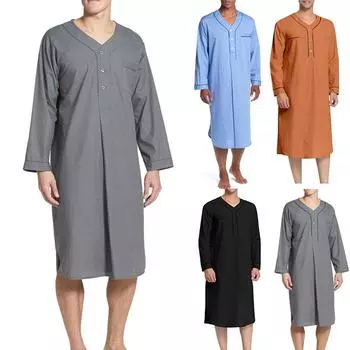 Мужская однотонная пижама Jubba Thobe, модная однотонная свободная мусульманская одежда, ночная рубашка с длинными рукавами, халаты, мужской мусульманский кафтан xxxl