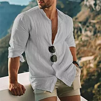 Мужская однотонная пляжная хлопковая рубашка с воротником-стойкой и длинным рукавом, повседневная мужская белая черная свободная рубашка для мужчин, блузка M белый