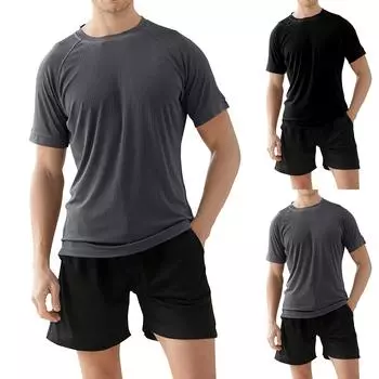 Мужская однотонная полосатая быстросохнущая футболка из ледяного шелка с короткими рукавами, мужская летняя повседневная дышащая футболка для бега L чёрный