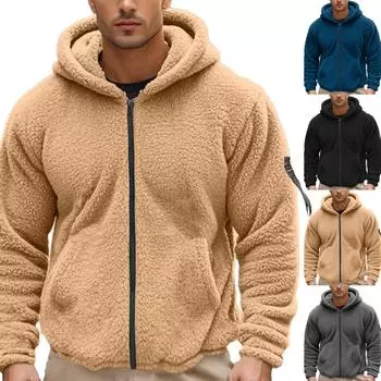 Мужская однотонная повседневная флисовая куртка свободного кроя с длинными рукавами и застежкой-молнией на капюшон L чёрный