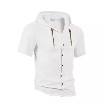 Мужская однотонная повседневная рубашка, хлопково-льняной кардиган с капюшоном и кулиской, модная и универсальная свободная пляжная футболка с коротким рукавом S белый