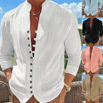 Мужская однотонная повседневная рубашка из хлопка и льна с длинным рукавом на пуговицах L чёрный