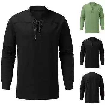 Мужская однотонная повседневная рубашка на шнуровке в стиле ретро с v-образным вырезом и шнурком с короткими рукавами, топ L чёрный