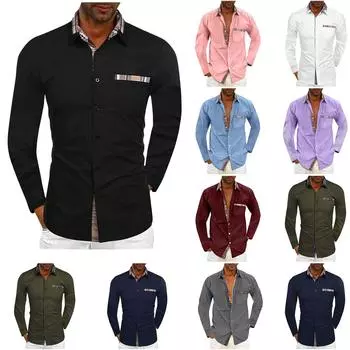 Мужская однотонная повседневная рубашка с длинным рукавом, воротником в полоску, контрастная модная рубашка на пуговицах XL армия зеленый