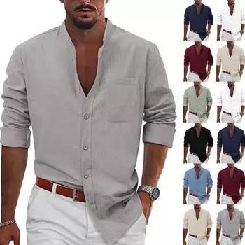 Мужская однотонная повседневная рубашка с карманами из хлопка и льна с длинным рукавом и пуговицами L бежевый