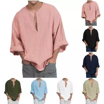 Мужская однотонная повседневная рубашка с круглым вырезом и глубоким V-образным вырезом L