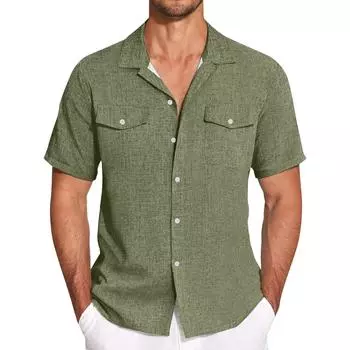 Мужская однотонная повседневная рубашка с кубинским воротником и короткими рукавами из искусственного хлопка и льна, мужская большая рубашка M белый