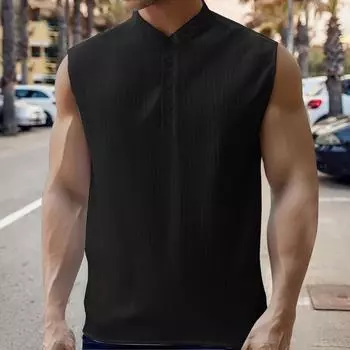 Мужская однотонная повседневная рубашка с лацканами без рукавов L чёрный