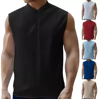 Мужская однотонная повседневная рубашка с лацканами без рукавов L чёрный