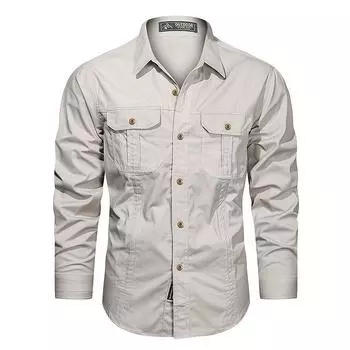 Мужская однотонная рабочая рубашка с длинным рукавом и нагрудным карманом, дышащая хлопковая рубашка, подходит для походов на открытом воздухе и работы, для весеннего и осеннего сезона M армия зеленый