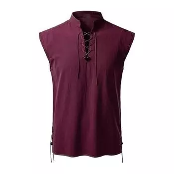 Мужская однотонная рубашка без рукавов, повседневная, с воротником-стойкой, на шнуровке, винтажная уличная одежда, дышащий летний топ для пляжного отдыха S вино красного
