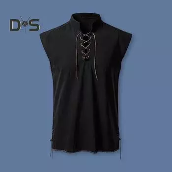 Мужская однотонная рубашка без рукавов, повседневная, с воротником-стойкой, на шнуровке, винтажная уличная одежда, дышащий летний топ для пляжного отдыха S бежевый