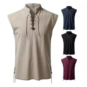 Мужская однотонная рубашка без рукавов, повседневная, с воротником-стойкой, на шнуровке, винтажная уличная одежда, дышащий летний топ для пляжного отдыха S вино красного