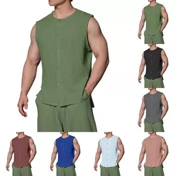 Мужская однотонная рубашка без рукавов с круглым вырезом из хлопка и льна на пуговицах L чёрный