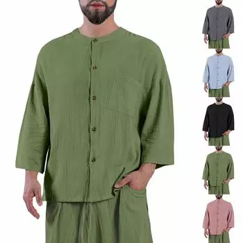 Мужская однотонная рубашка без воротника с карманами из хлопка и льна на пуговицах три четверти L чёрный