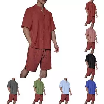 Мужская однотонная рубашка без воротника с карманами из хлопка и льна на четверть пуговицы L чёрный