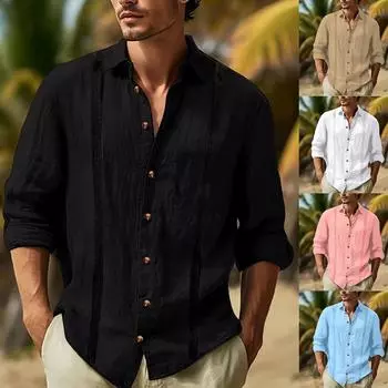 Мужская однотонная рубашка из хлопка и льна с длинным рукавом, повседневная, мужская L чёрный