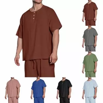 Мужская однотонная рубашка из хлопка и льна с пуговицами и рукавом четверть, мужские повседневные дышащие топы L чёрный