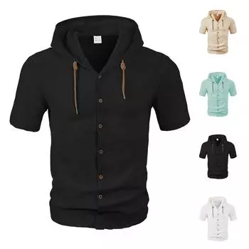 Мужская однотонная рубашка из хлопка и льна с короткими рукавами, свободный кардиган с капюшоном L чёрный