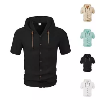 Мужская однотонная рубашка из хлопка и льна с короткими рукавами, свободный кардиган с капюшоном M циан