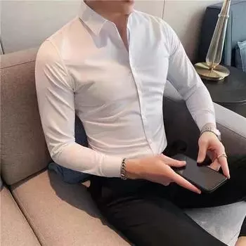 Мужская однотонная рубашка приталенного кроя с длинным рукавом — корейский стиль, без складок, модная мода на весну и осень L бордовый